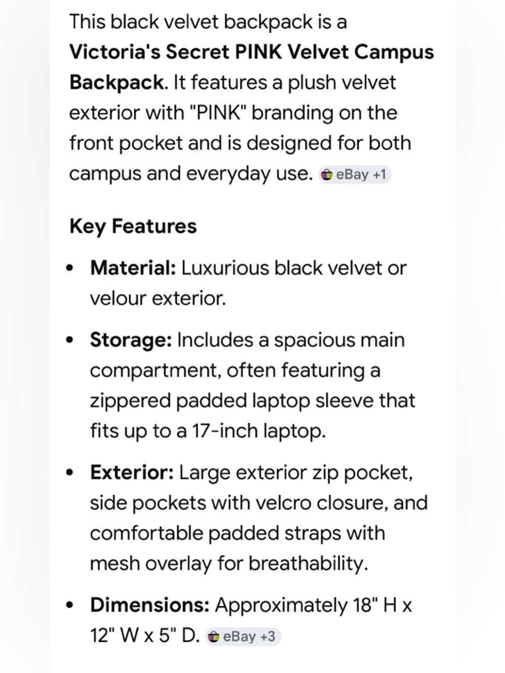 #1815**PINK Victoria's Secret Black Velvet Backpack/Stylish Everyday Unisex Bag - Picture 7 of 12